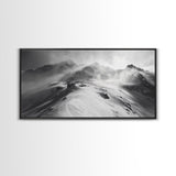 Snowy Peak, Windy Mountain, Winter Landscape, Framed Canvas Print, Black and White Art, Cabin Wall Decor, Moody Alpine Art, Rustic Wall Art