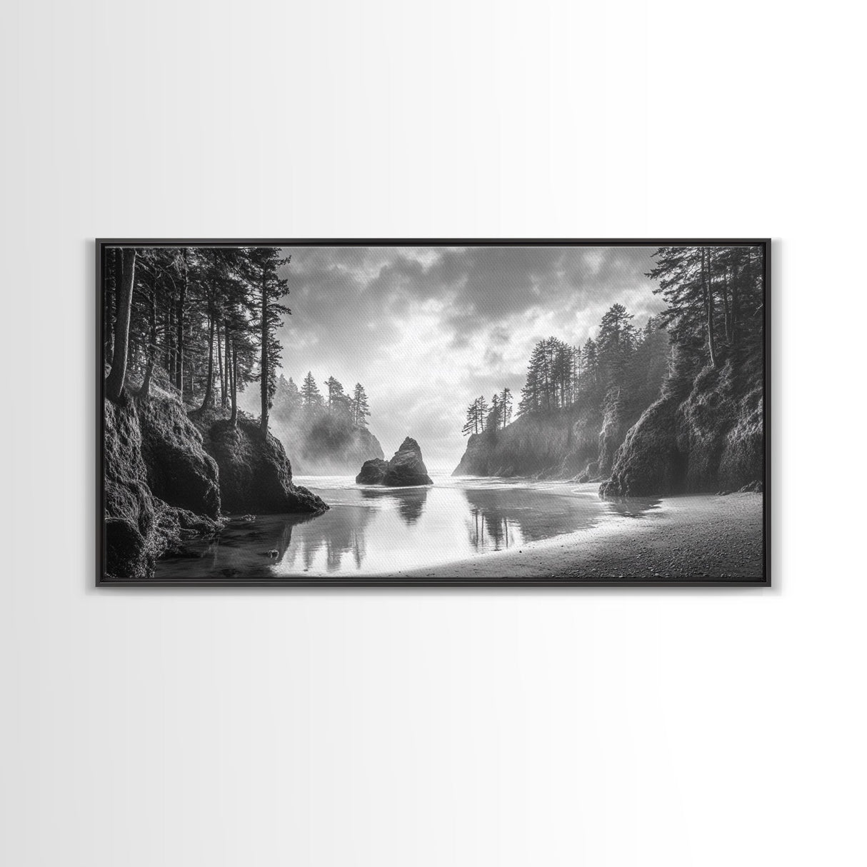 Forest Coast, Secluded Beach, Ocean Rocks, Misty Trees, Framed Canvas Print, Nature Wall Art, Living Room Decor, Moody Landscape