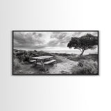 Picnic Table, Ocean Tree, Coastal Path, Windswept Scene, Framed Canvas Print, Rustic Wall Art, Fall Decor, Peaceful Beach Setting