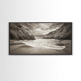 Secluded Beach Cove, Coastal Seascape, Sepia Landscape Art, Framed Canvas Print, Bathroom or Bedroom Wall Decor, Nature Inspired