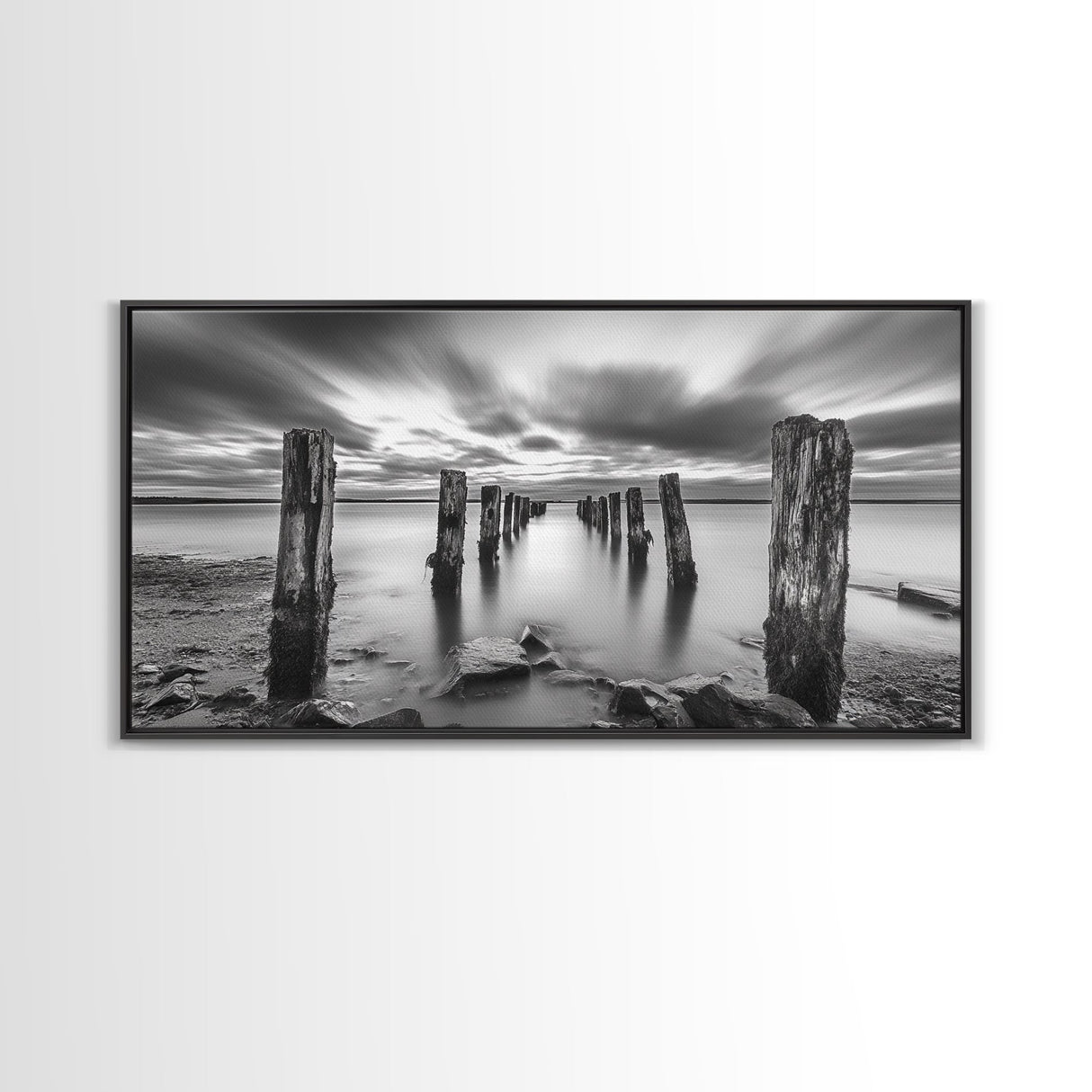 Ocean Pilings, Calm Waters, Cloud Streaks, Sunset Mood, Canvas Print, Minimalist Seascape, Bedroom Wall Art, Serene Beach Decor
