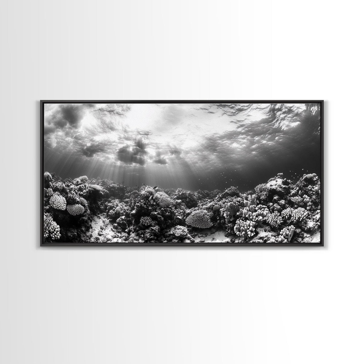 Coral Reef, Ocean Depths, Sunlight Rays, Marine Life, Canvas Print, Minimalist Nature Art, Bathroom Decor, Underwater Scene, Bedroom Wall Art