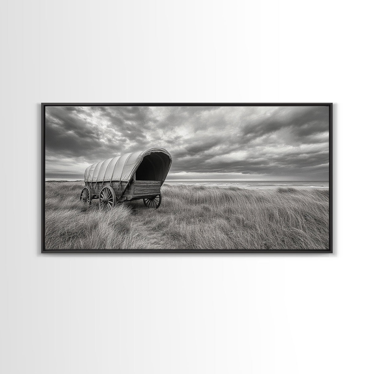 Prairie Wagon, Coastal Grass, Covered Cart, Western Landscape, Framed Canvas Print, Rustic Fall Art, Living Room Wall Decor
