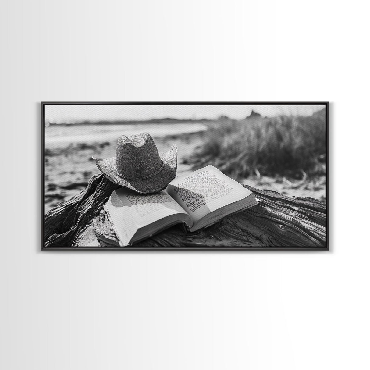 Open Book, Cowboy Hat, Driftwood Beach, Peaceful Shore, Canvas Print, Western Boho Art, Reading Nook Wall Decor, Fall Vibes, Office Wall Decor