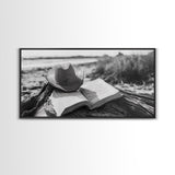 Open Book, Cowboy Hat, Driftwood Beach, Peaceful Shore, Canvas Print, Western Boho Art, Reading Nook Wall Decor, Fall Vibes, Office Wall Decor