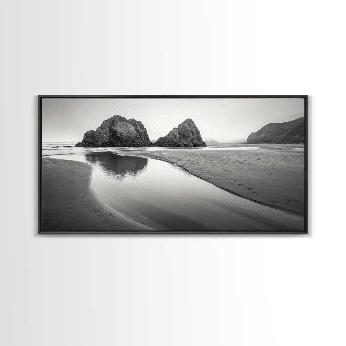 Seaside Rocks, Reflected Sky, Calm Ocean, Landscape Photography, Framed Canvas Print, Zen Wall Art, Modern Minimalist Decor, Modern Home Decor