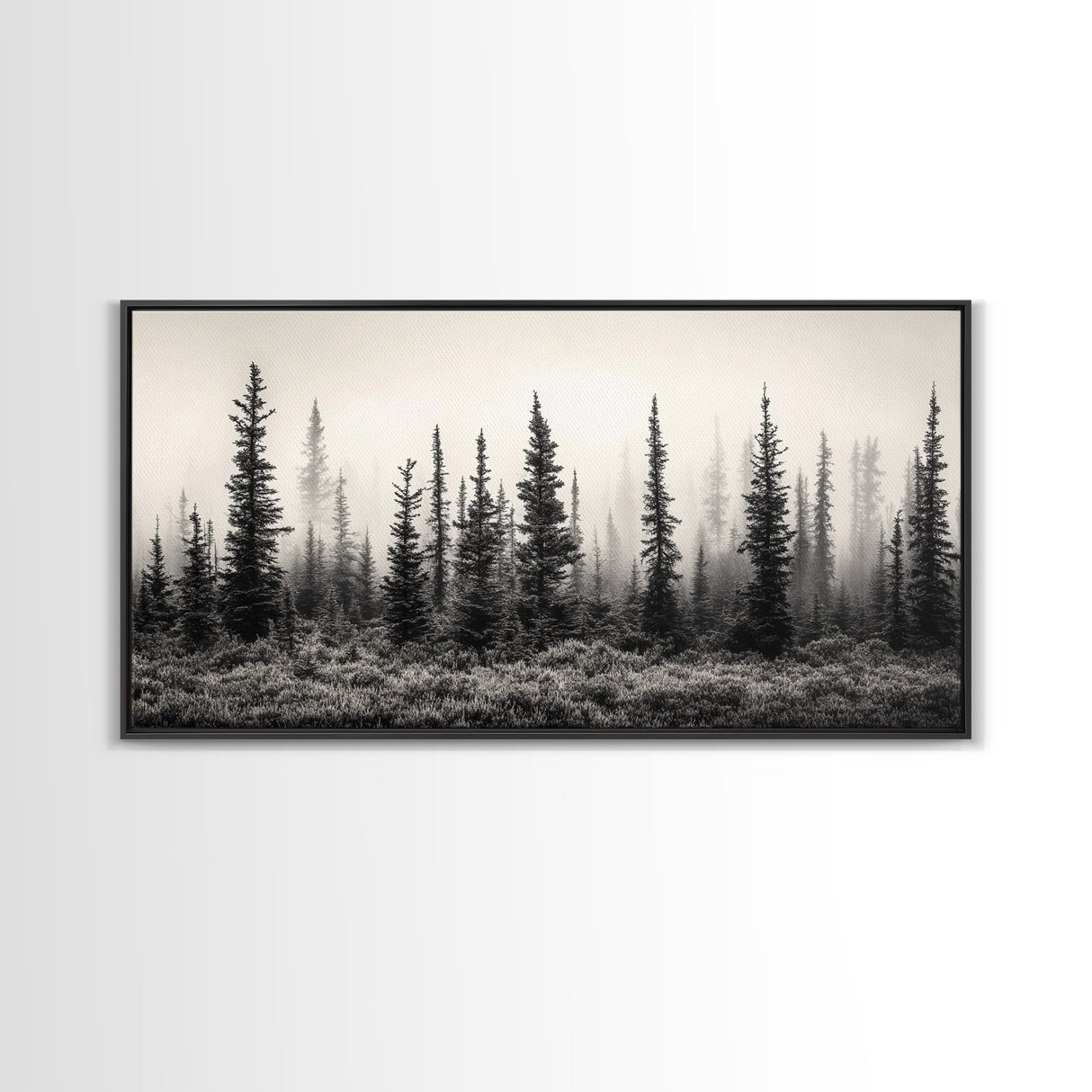 Misty Pines, Evergreen Forest, Morning Fog, Monochrome Nature, Canvas Print, Fall Entryway Wall Art, Woodland Boho Home Decor