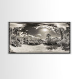 Desert Oasis, Palm Landscape, Nature Panorama, Framed Canvas Print, Tropical Wall Art, Living Room Decor, Boho Aesthetic, Sunlit Scene