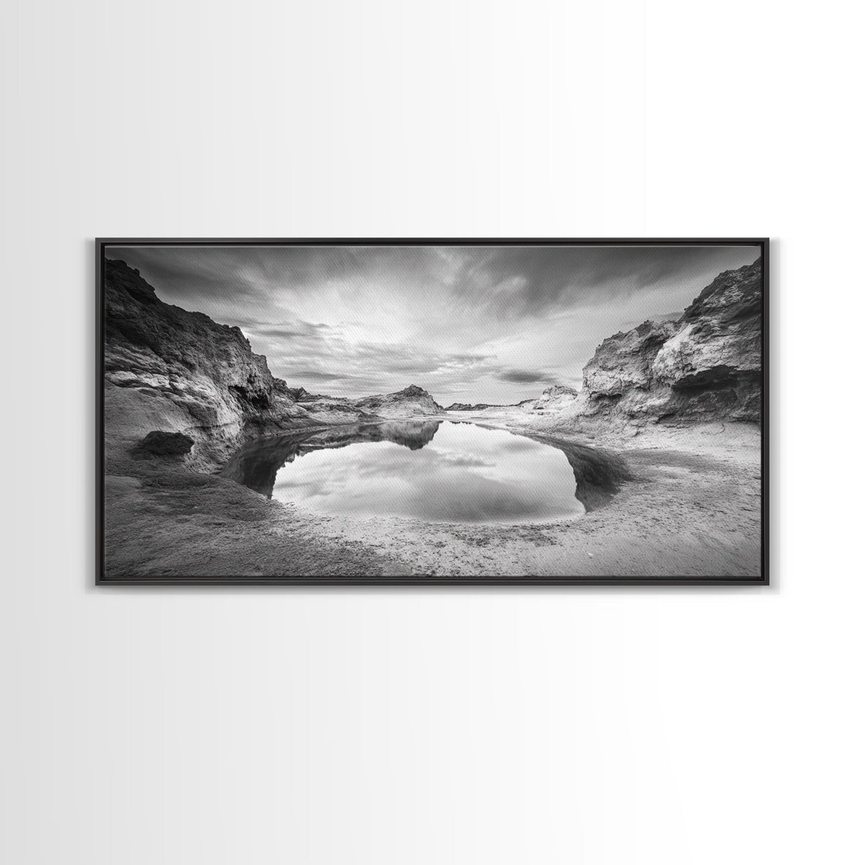Mirror Lake, Rocky Terrain, Tranquil Waters, Framed Canvas Print, Meditation Room Art, Nature Reflection, Earthy Tones, Spa Decor