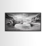 Mirror Lake, Rocky Terrain, Tranquil Waters, Framed Canvas Print, Meditation Room Art, Nature Reflection, Earthy Tones, Spa Decor