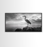 Heron Bird, Ocean Rock, Serene Wildlife, Canvas Print, Coastal Wall Art, Modern Farmhouse Decor, Minimalist Animal Scene