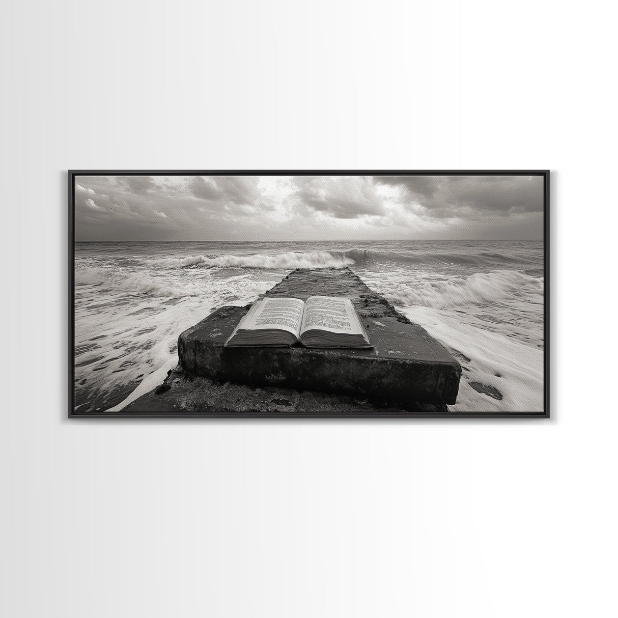 Ocean and Book, Moody Literary Print, Surreal Seascape Art, Framed Canvas Print, Library or Reading Nook Wall Decor, Dark Academia