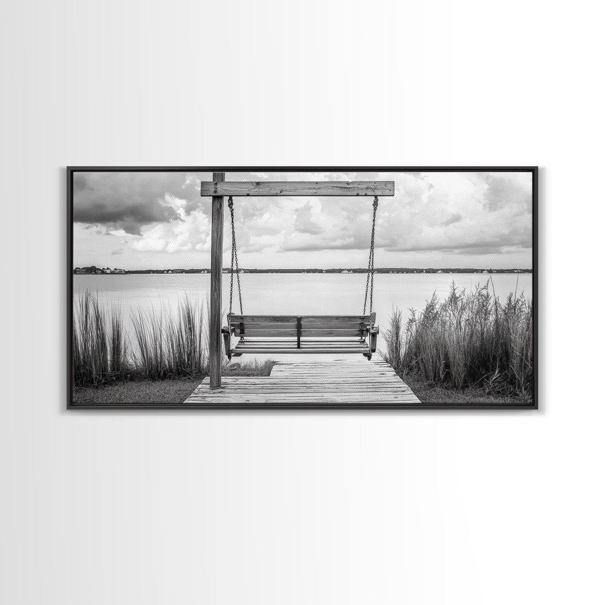 Rustic Lake Swing, Tranquil Nature Scene, Porch Art, Landscape Photography, Framed Canvas Print, Country Decor, Living Room Wall Art