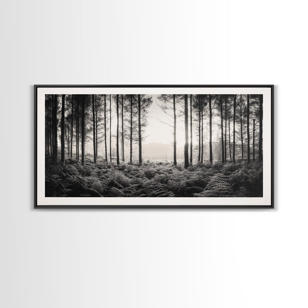 Forest Light Scene, Tall Trees Shadows, Nature Mist Pathway, Framed Canvas Print, Woodland Bedroom Art, Boho Rustic Wall Decor