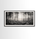 Forest Light Scene, Tall Trees Shadows, Nature Mist Pathway, Framed Canvas Print, Woodland Bedroom Art, Boho Rustic Wall Decor
