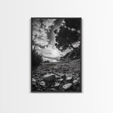Sunset Beach View, Wide Angle Perspective, Nature Shoreline, Monochrome Landscape, Framed Canvas Print, Hallway Wall Art, Beach Decor