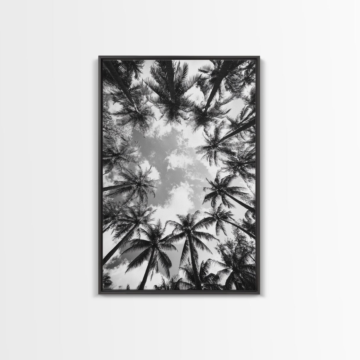 Palm Tree Sky, Tropical Canopy, Black and White Island View, Jungle Overhead Scene, Framed Canvas Print, Bathroom Wall Art, Beach Boho Decor