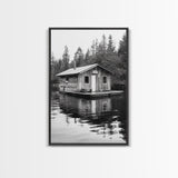 Floating Cabin, Lake House, Forest Reflection, Tranquil Waters, Framed Canvas Print, Bedroom Wall Art, Cabin Aesthetic, Rustic Nature Vibe