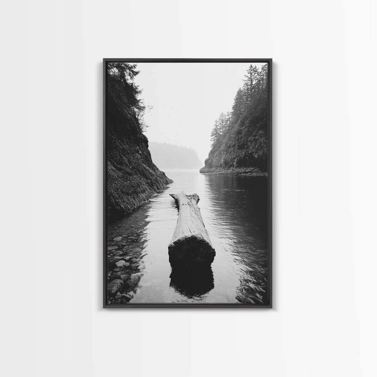 Driftwood Log, River Pass, Nature Silence, Misty Gorge, Framed Canvas Print, Office Wall Art, Modern Nature Decor, Moody Forest Style
