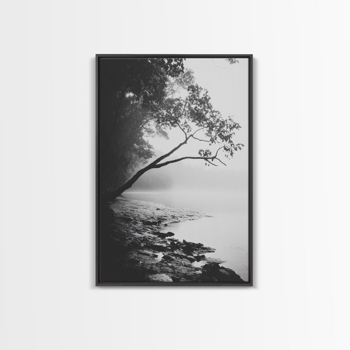 Misty Tree, Shoreline Fog, Forest Edge, Moody Atmosphere, Framed Canvas Print, Bedroom Wall Art, Autumn Woodland Style, Serene Nature Decor