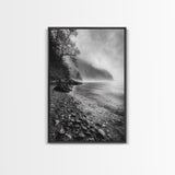 Foggy Coast, Moody Shore, Tranquil Pebbles, Forest Water, Framed Canvas Print, Bathroom Wall Art, Nature Photography Style, Calm Retreat Decor
