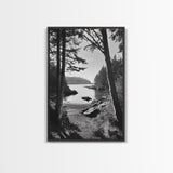 Woodland Cove Path, Tranquil Forest Scene, Nature Escape Art, Canvas Print, Cabin Wall Art, Coastal Boho Decor, Black White Landscape