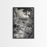 Snowy Pine Path, Winter Forest Light, Frozen Landscape Art, Canvas Print, Holiday Wall Art, Minimalist Winter, Nordic Style Decor