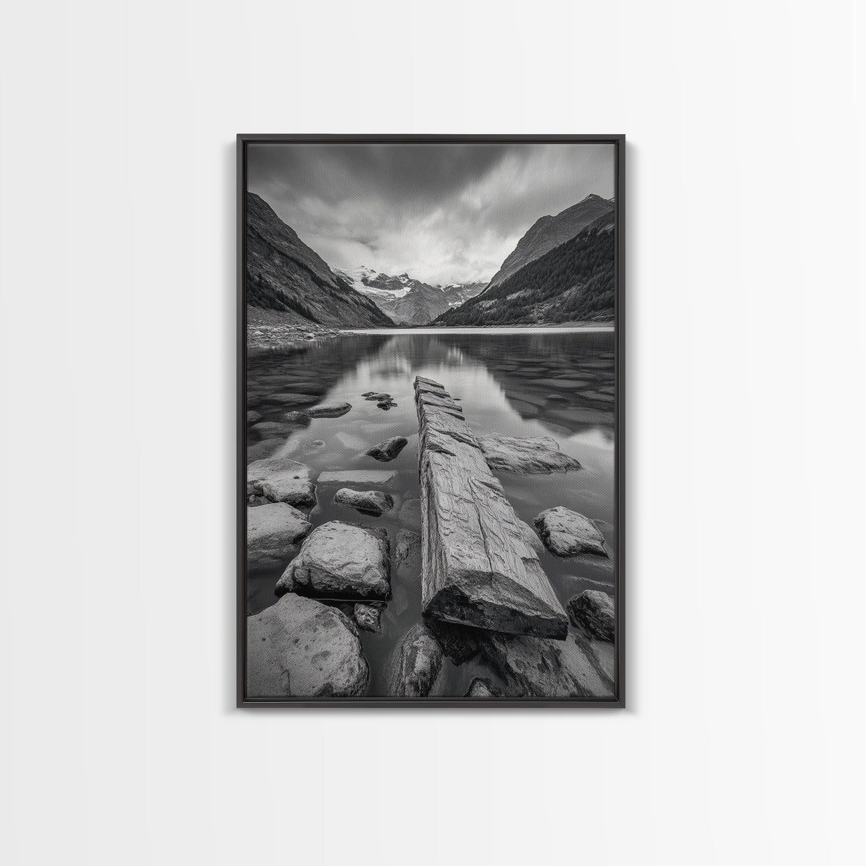 Mountain Lake Log, Alpine Serenity Scene, Tranquil Rock Shore, Canvas Print, Bedroom Wall Art, Nature Retreat, Minimalist Landscape