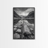 Mountain Lake Log, Alpine Serenity Scene, Tranquil Rock Shore, Canvas Print, Bedroom Wall Art, Nature Retreat, Minimalist Landscape