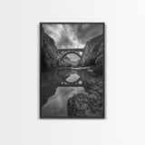 Stone Bridge, Reflections, River Archway, Nature Drama, Framed Canvas Print, Landscape Wall Art, Monochrome Photography, Entryway Art