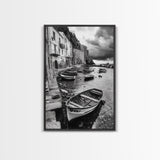 Coastal Village, Fishing Boats, Mediterranean Harbor, Seaside Charm, Framed Canvas Print, Nautical Kitchen Wall Art, Fall Decor Accent