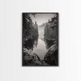 Misty Forest, River Reflection, Foggy Pines, Mountain Silence, Framed Canvas Print, Bedroom Wall Art, Tranquil Nature Photography, Zen Decor