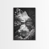 Serene River Reflection, Cave View, Monochrome Nature, Framed Canvas Print, Living Room Wall Art, Tranquil Landscape, Minimalist Decor