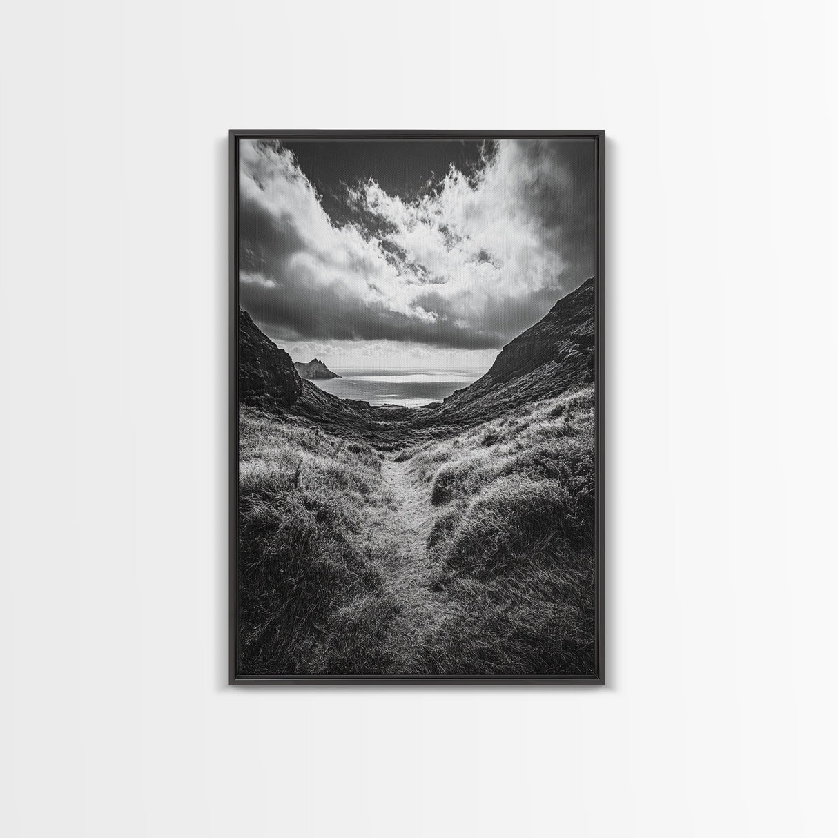 Highland Ocean Trail, Dramatic Clouds, Monochrome Nature, Canvas Print, Office Wall Art, Adventure Landscape, Rustic Home Decor
