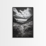 Highland Ocean Trail, Dramatic Clouds, Monochrome Nature, Canvas Print, Office Wall Art, Adventure Landscape, Rustic Home Decor