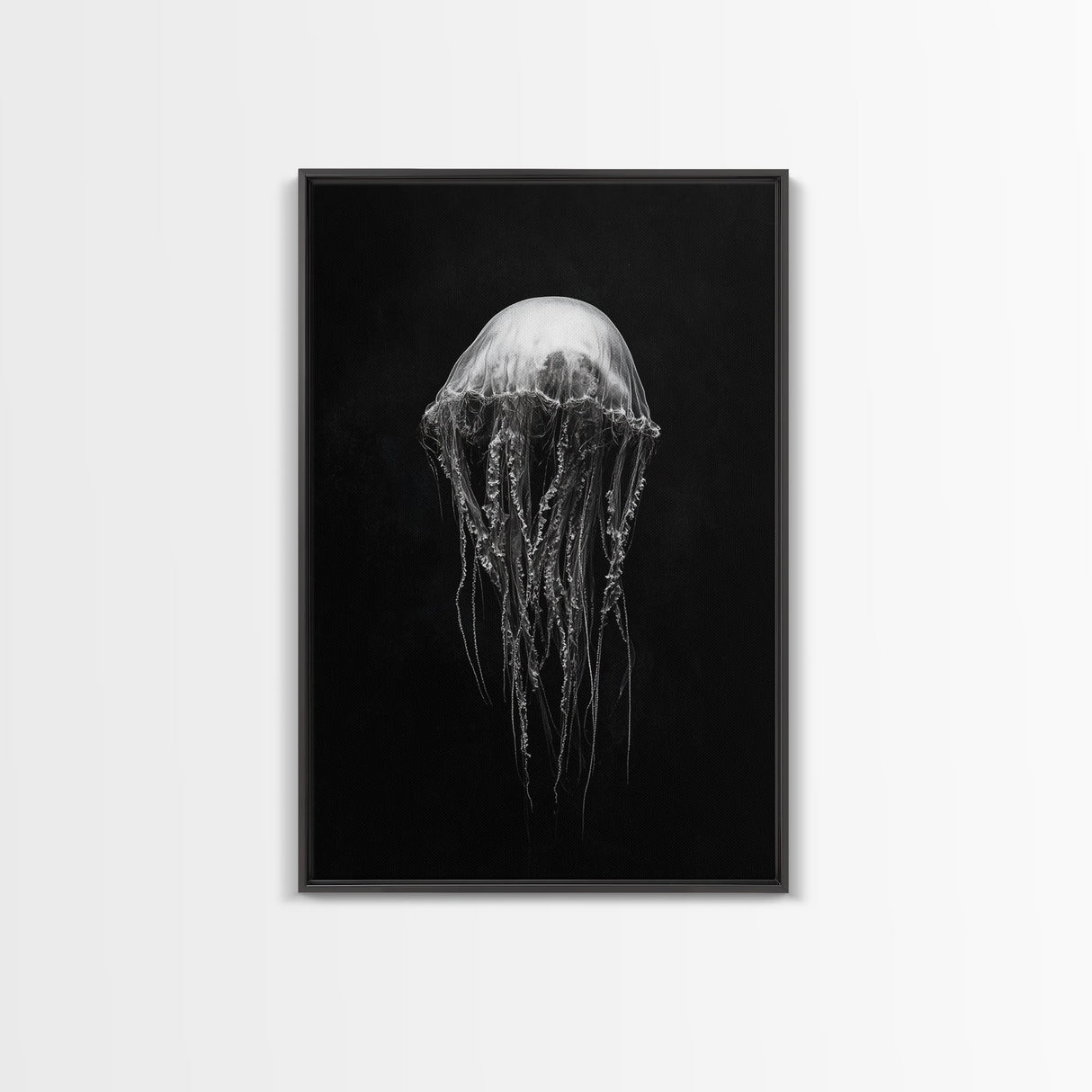Elegant Jellyfish Art, Ocean Wildlife, Monochrome Marine, Framed Canvas Print, Bathroom Decor, Nautical Wall Art, Minimalist Sea Life
