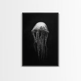Elegant Jellyfish Art, Ocean Wildlife, Monochrome Marine, Framed Canvas Print, Bathroom Decor, Nautical Wall Art, Minimalist Sea Life