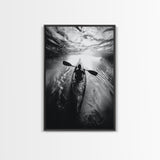 Kayaking Exploration, River Reflections, Adventure Sport, Framed Canvas Print, Office Wall Art, Moody Travel Photography, Nature Wall Decor