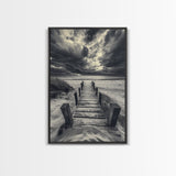 Stormy Beach Dock, Dramatic Skies, Coastal Mood, Framed Canvas Print, Fall Wall Art, Entryway Decor, Moody Seascape, Rustic Coastal Home