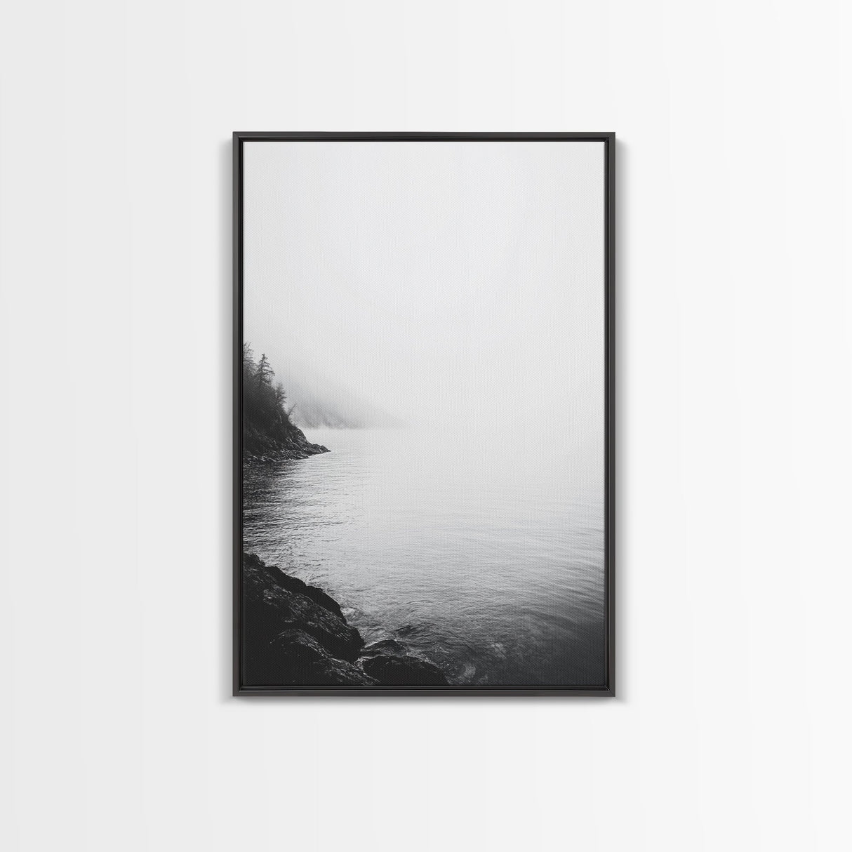 Misty Lakeshore, Foggy Forest Water, Monochrome Tranquility, Framed Canvas Print, Minimalist Art, Calm Landscape, Bedroom Wall Decor