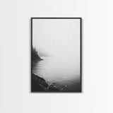 Misty Lakeshore, Foggy Forest Water, Monochrome Tranquility, Framed Canvas Print, Minimalist Art, Calm Landscape, Bedroom Wall Decor