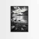 Lake Sunset View, Peaceful Mountainscape, Nature Reflection, Framed Canvas Print, Living Room Wall Art, Tranquil Scenic Landscape
