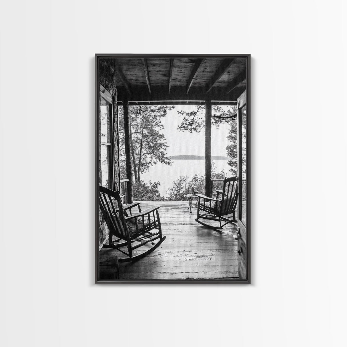 Rustic Porch View, Cabin Serenity, Lakefront Rocking Chairs, Framed Canvas Print, Farmhouse Wall Art, Living Room Decor, Fall Home Style