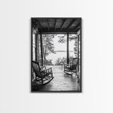 Rustic Porch View, Cabin Serenity, Lakefront Rocking Chairs, Framed Canvas Print, Farmhouse Wall Art, Living Room Decor, Fall Home Style