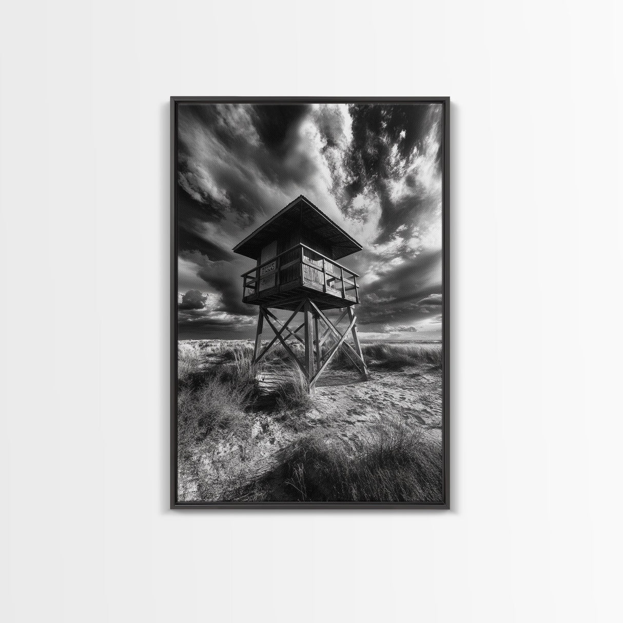 Lifeguard Tower Drama, Windy Beach Sky, Ocean Landscape, Canvas Print, Coastal Wall Art, Moody Surreal Decor, Living Room Statement Art