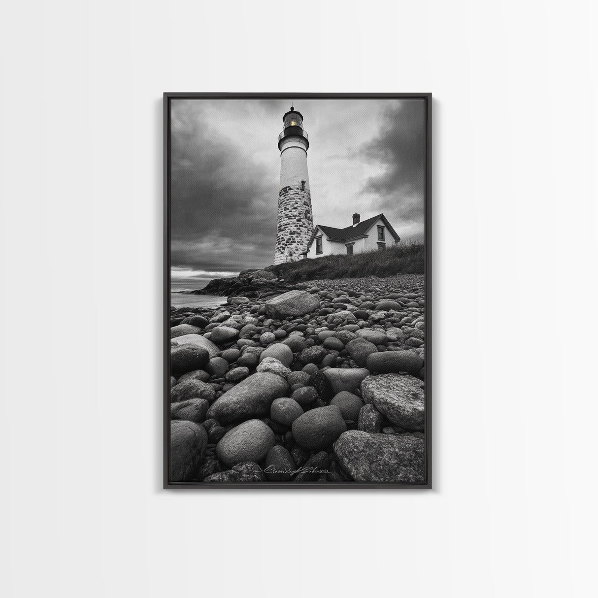 Lighthouse Shore Rocks, Coastal Beacon, Moody Clouds, Framed Canvas Print, Nautical Wall Art, Rustic Beach House Decor, Fall Storm Style