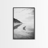 Lone Loon, Quiet Reflection, Coastal Bird, Framed Canvas Print, Nature Wall Art, Bathroom Decor, Serene Black and White Art