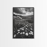Meadow Bloom, Coastal Flowers, Stormy Sky, Framed Canvas Print, Spring Wall Art, Nature Photography, Kitchen Botanical Decor