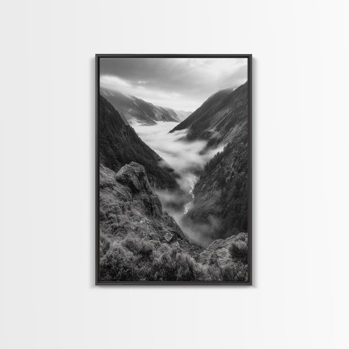 Foggy Mountain Valley, Nature Escape, Serene Wall Art, Framed Canvas Print, Adventure Photography, Cabin Autumn Decor