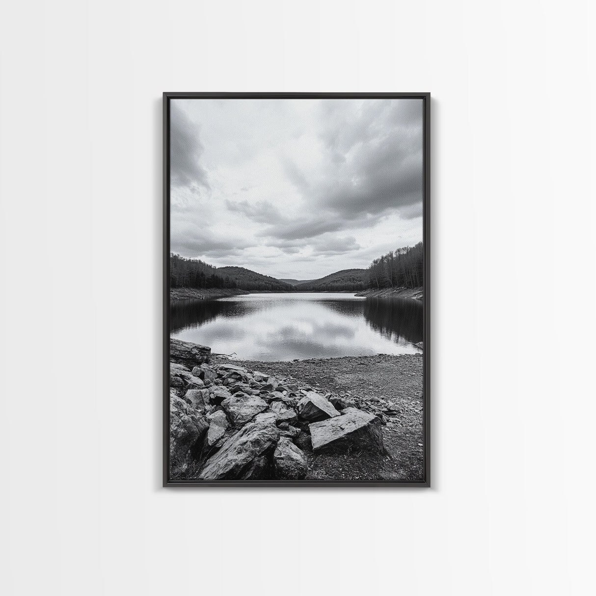 Misty Lake View, Peaceful Reflections, Nature Tranquility, Framed Canvas Print, Bedroom Wall Art, Black and White Landscape, Minimalist Art